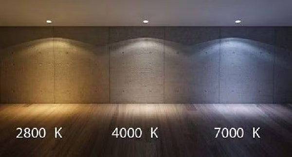 Three panels showing different color temperatures on a concrete wall and wooden floor.