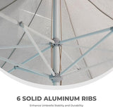 11 ft sunshade umbrella with pulley lift, featuring solid aluminum ribs for stability, suitable for poolside or beach use.