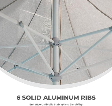 11 ft sunshade umbrella with pulley lift, featuring solid aluminum ribs for stability, suitable for poolside or beach use.
