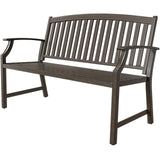 Grand Patio outdoor bench with a faux wood finish, featuring a slatted back and armrests, made of anti-rust aluminum and s...