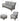 Wicker outdoor furniture set with gray cushions and dimensions on a white background