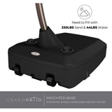 Grand Patio weighted base for cantilever umbrella, featuring integrated wheels for easy movement and fill requirements.