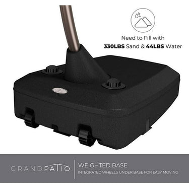 Grand Patio weighted base for cantilever umbrella, featuring integrated wheels for easy movement and fill requirements.