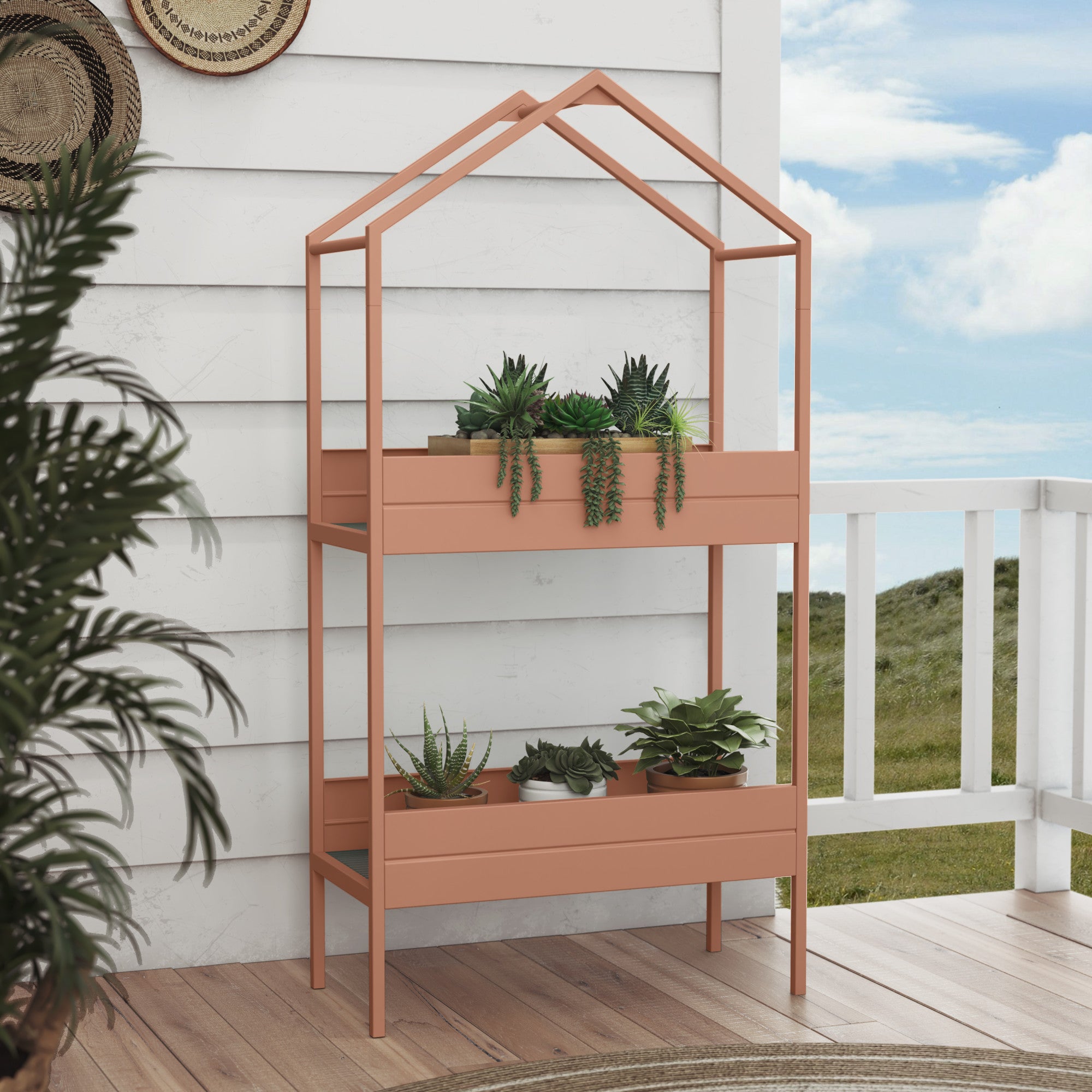 2 tier indoor plant stand Grandpatio Outdoor Steel Planter Stand With Large Storage